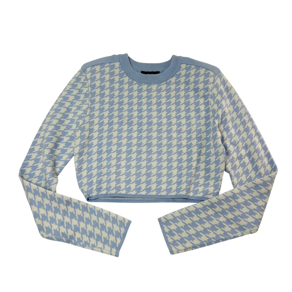 Express Light Blue Houndstooth Cropped Sweater Long Sleeve Crew Neck Medium NEW